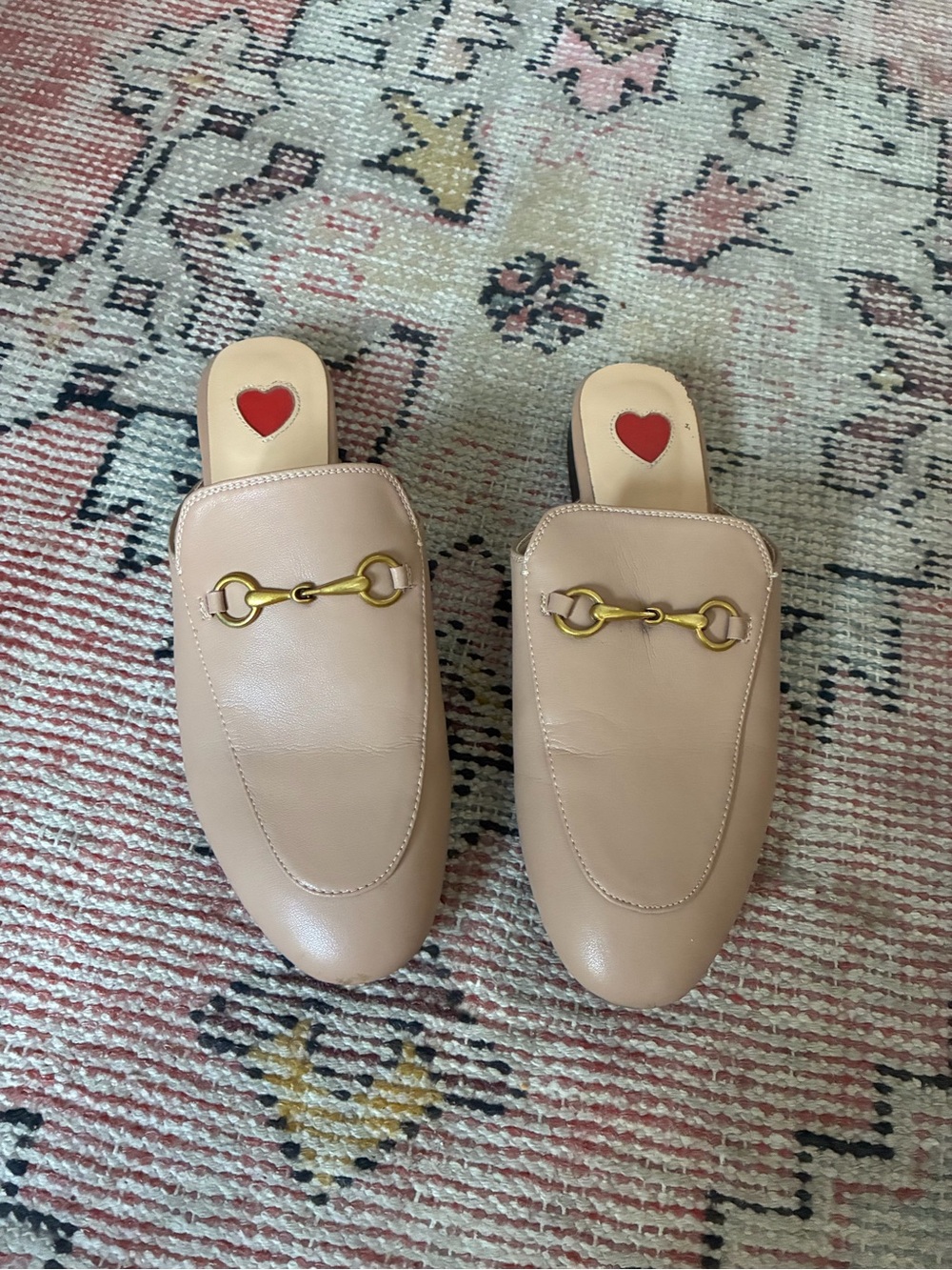 Amazon Beige Leather Backless Mules with Gold Hardware